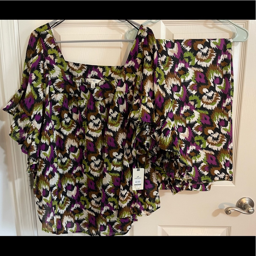 Terra & Sky 2 piece printed square neck top & pull on pants